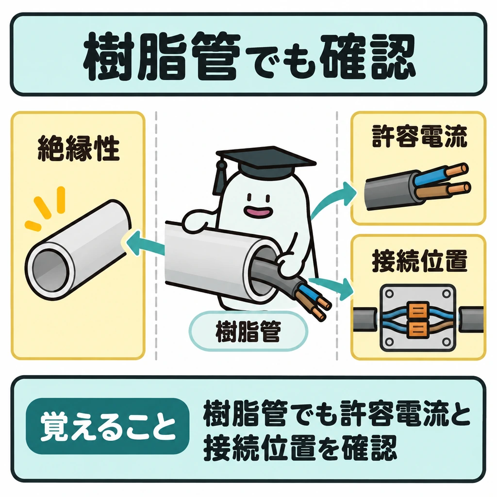 確認の図解。中央にエルくんが電線を通す樹脂管を大きく描く。背景を縦線で仕切り、左に樹脂管の「絶縁性」、右に配線全体で確認する「許容電流」と「接続位置」を置き、それぞれ中央から矢印で結ぶ。