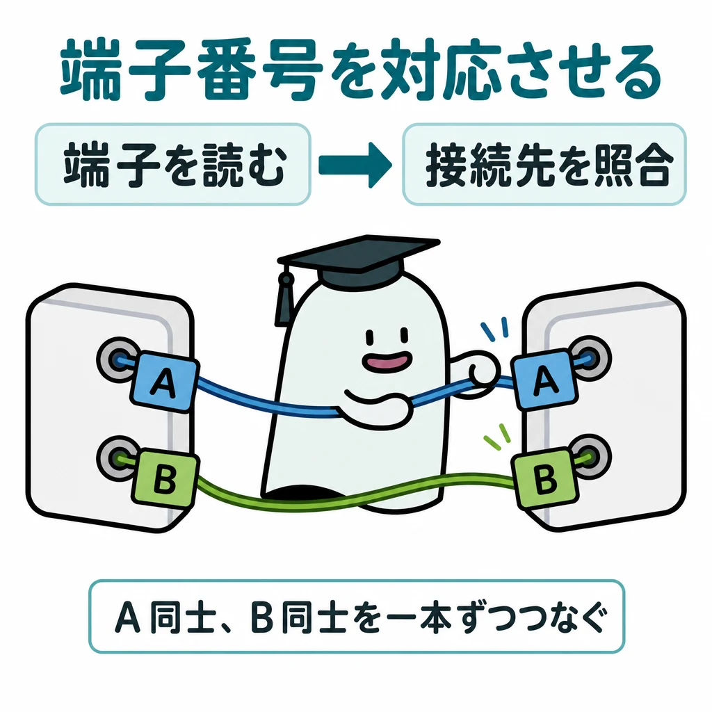 端子番号を対応させる。左器具に端子A/B、右器具にも端子A/B、A同士とB同士が別色の線で対応する概念図。