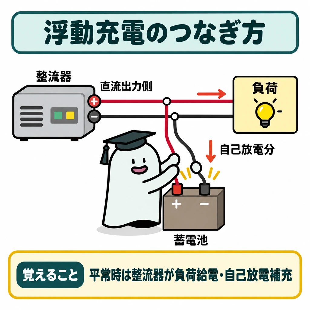 蓄電池の方式と充放電の図解。左に整流器、右上に負荷、右下に蓄電池を置く。整流器の直流出力側から線を二股に分けて並列につなぎ、矢印は負荷への給電と蓄電池の自己放電分の補充を示す。