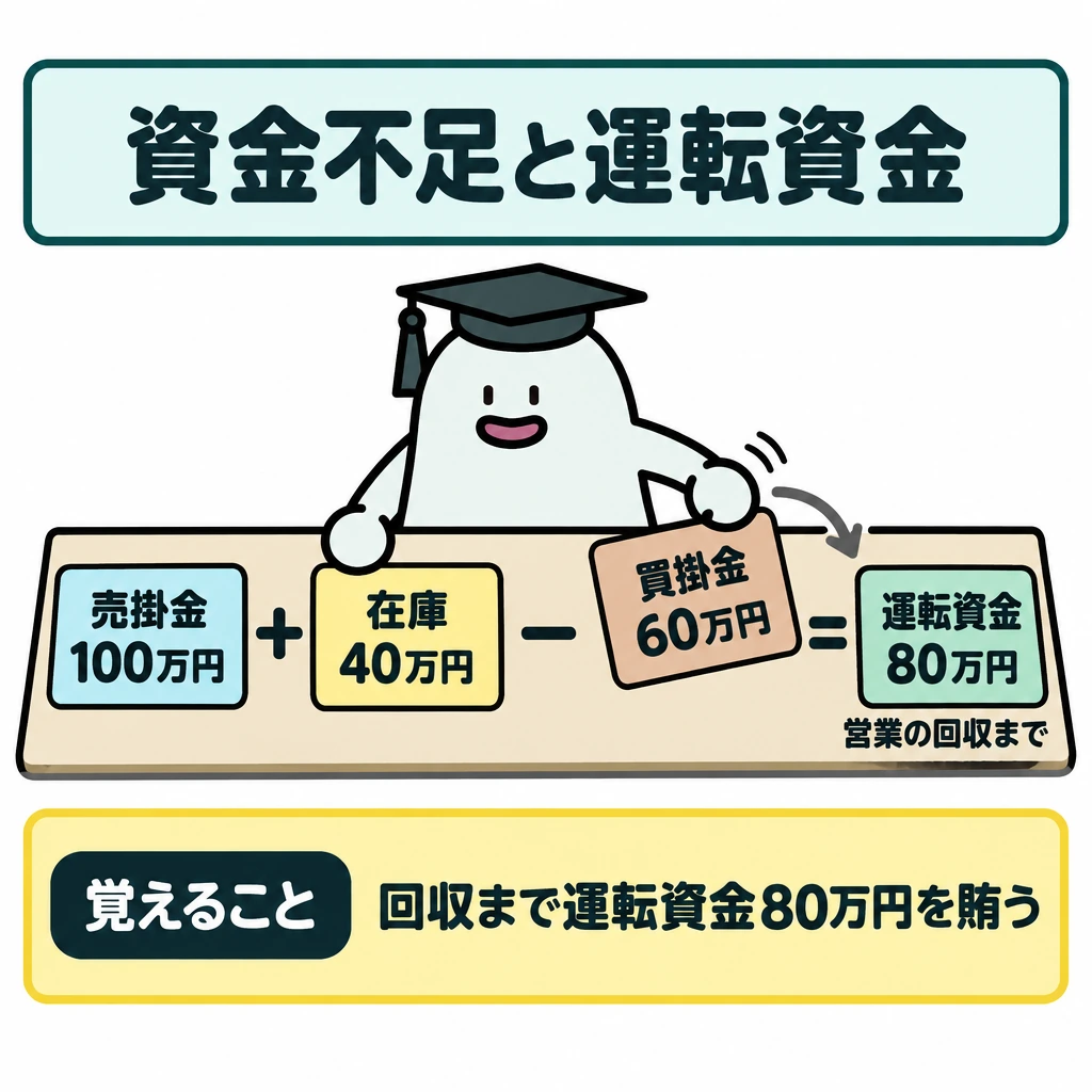 三つの財務表と資金不足の図解。正方形の中央に、売掛金100万円と在庫40万円を足し、買掛金60万円を引いて、右端の運転資金80万円へ至る横向きの計算図を置く。右端の下に「営業の回収まで」と添え、80万円を賄う期間を示す。