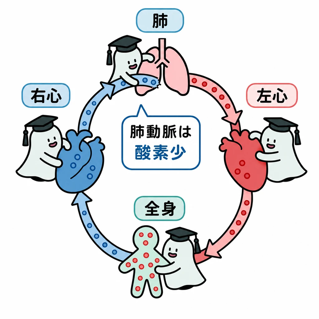 エルくんが説明する図解。右心→肺→左心→全身→右心の循環、肺動脈を酸素少と明記。