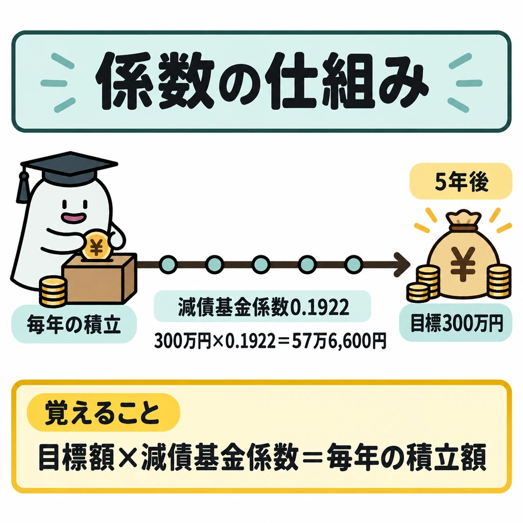 基本の仕組みの図解。左に毎年の積立、右に「5年後の目標300万円」を置き、左から右へ向かう1本の時間軸でつなぐ。時間軸の下に「300万円×0.1922=57万6,600円」と示し、目標額から毎年の積立額を求める計算だと分かる配置にする。
