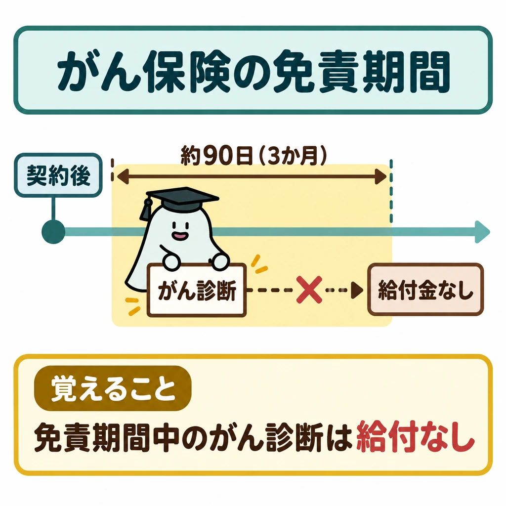 待ち期間と特約の要件の図解。左から右へ契約後の時間軸を置き、約90日(3か月)の免責期間を帯で示す。帯の中の「がん診断」から「給付金なし」へ×付き矢印を引く。