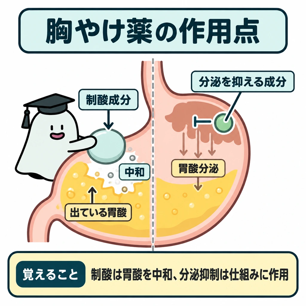 基本の仕組みの図解。一つの胃の模式図を縦の点線で左右に仕切り、異なる働きを比較する。左は出ている胃酸に制酸成分が重なって中和する様子、右は胃酸が分泌される矢印を細くし、分泌を抑える成分がその仕組みに働く様子を描く。
