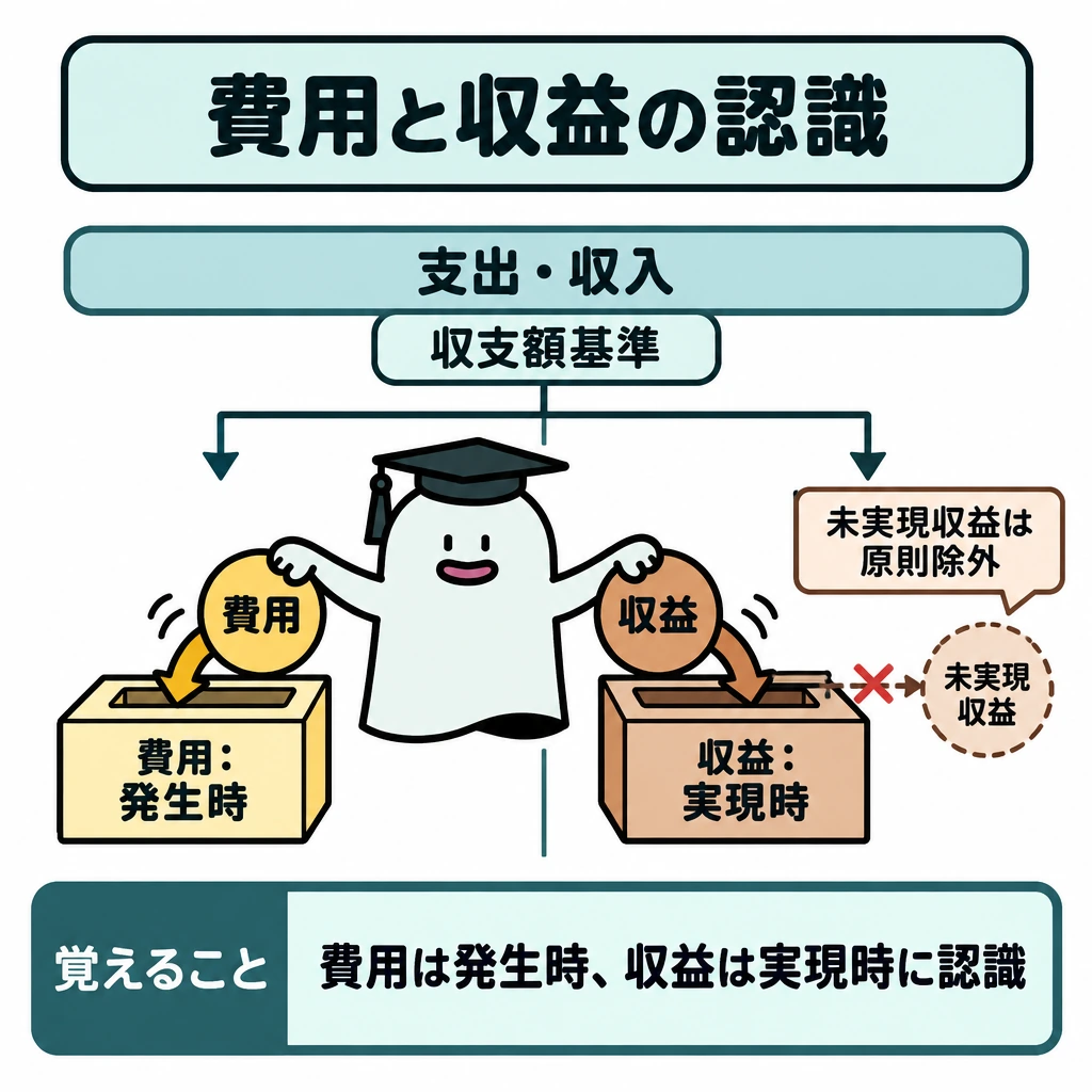 発生主義・実現主義・収支額基準の図解。上部に「支出・収入」を基に測る共通の帯を置き、下部を縦線で左右に分ける。左は費用を発生時の枠へ、右は収益を実現時の枠へ矢印で導き、未実現収益は右の枠の手前で止める。
