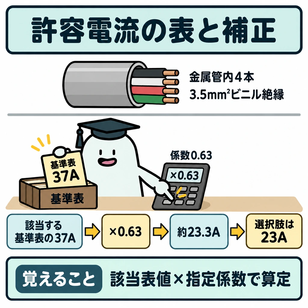 許容電流の表と補正の図解。上部に金属管内のビニル絶縁電線4本を描き、その下を左から「該当する基準表の37A」→「×0.63」→「約23.3A」の順に矢印でつなぐ。右端に「選択肢は23A」を添え、上部の条件と計算部分は横線で仕切る。