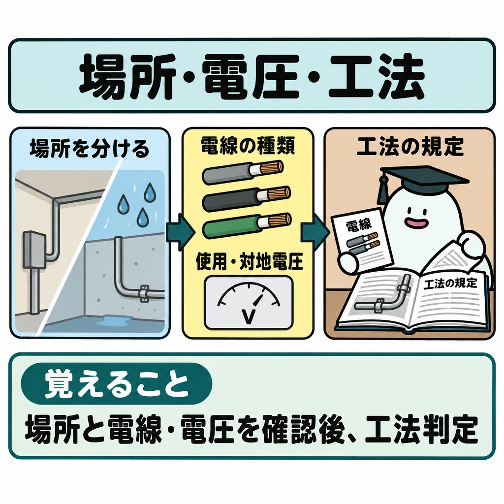 場所・電圧・工法の順に判定の図解。正方形の上から下へ「場所を分ける」→「電線の種類・使用電圧・対地電圧を確認」→「工法の規定を当てはめる」を太い矢印でつなぐ。最後の枠は手前の確認結果で判断する形にし、仕切りで独立した判定に見せない。