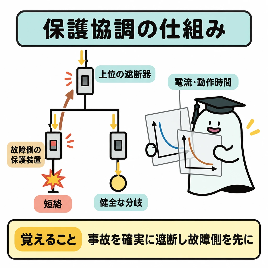 基本の仕組みの図解。上に上位の遮断器、下に左右二つの分岐を描く。左だけを短絡した故障側とし、近くの保護装置が先に働く順序を矢印で示し、右の健全な分岐には供給が続く様子を示す。