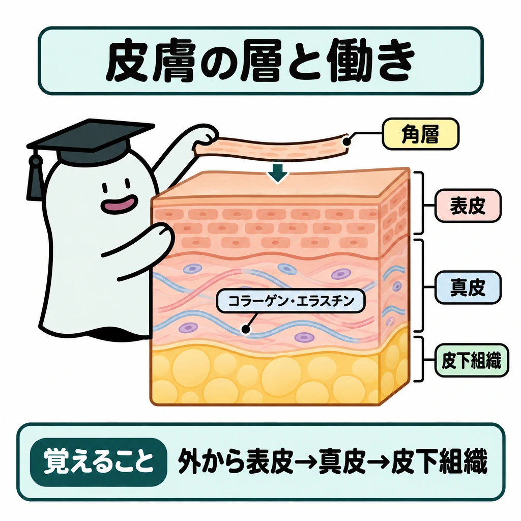 基本の仕組みの図解。中央に皮膚の断面を大きく描き、上を皮膚の外側として、表皮・真皮・皮下組織を縦に重ねる。表皮の最上端に薄い角層を示し、真皮内にコラーゲンとエラスチンを描く。