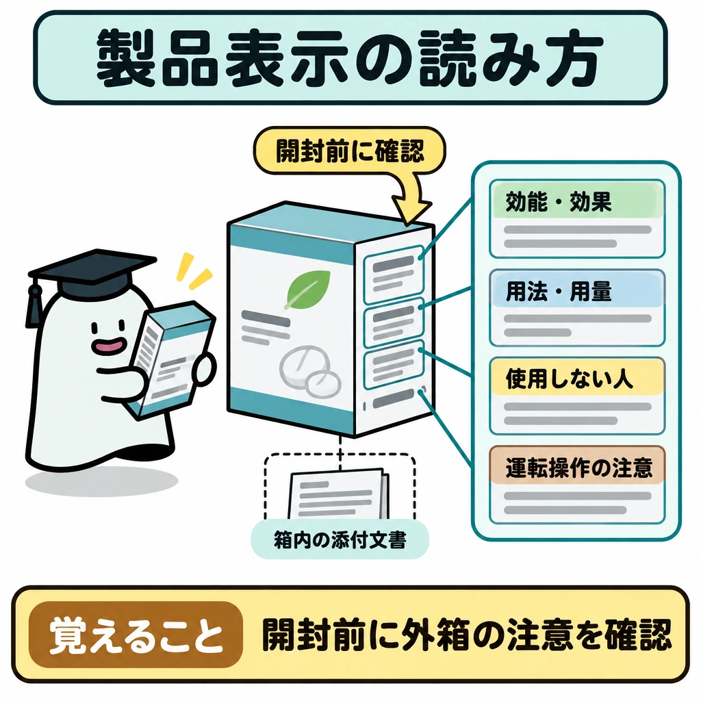 製品表示の読み方の図解。中央に未開封の外箱を大きく描き、表面の表示欄を拡大して効能・効果、用法・用量、注意を示す。箱の中の添付文書は点線で示し、「開封前に確認」の矢印を外箱の表示へ向ける。