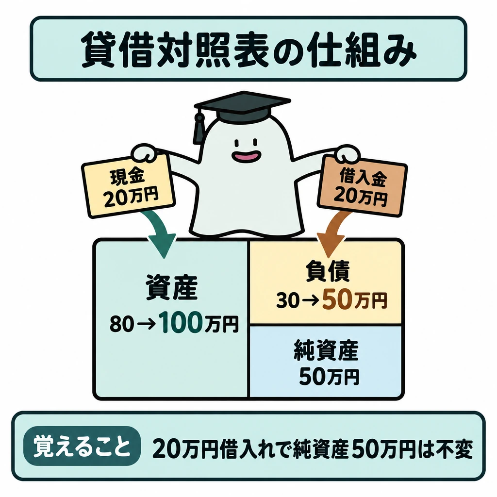 基本の仕組みの図解。1枚の貸借対照表を中央で縦に仕切り、左に資産、右上に負債、右下に純資産を置く。借入れ20万円について、現金から資産へ、借入金から負債へそれぞれ矢印を向け、資産と負債だけが20万円ずつ増えることを示す。