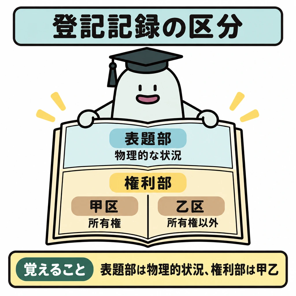 登記記録の読み方の図解。中央の登記記録を上下に仕切り、上を「表題部」、下を「権利部」とする。権利部だけを左右に分け、左に甲区、右に乙区を配置する。