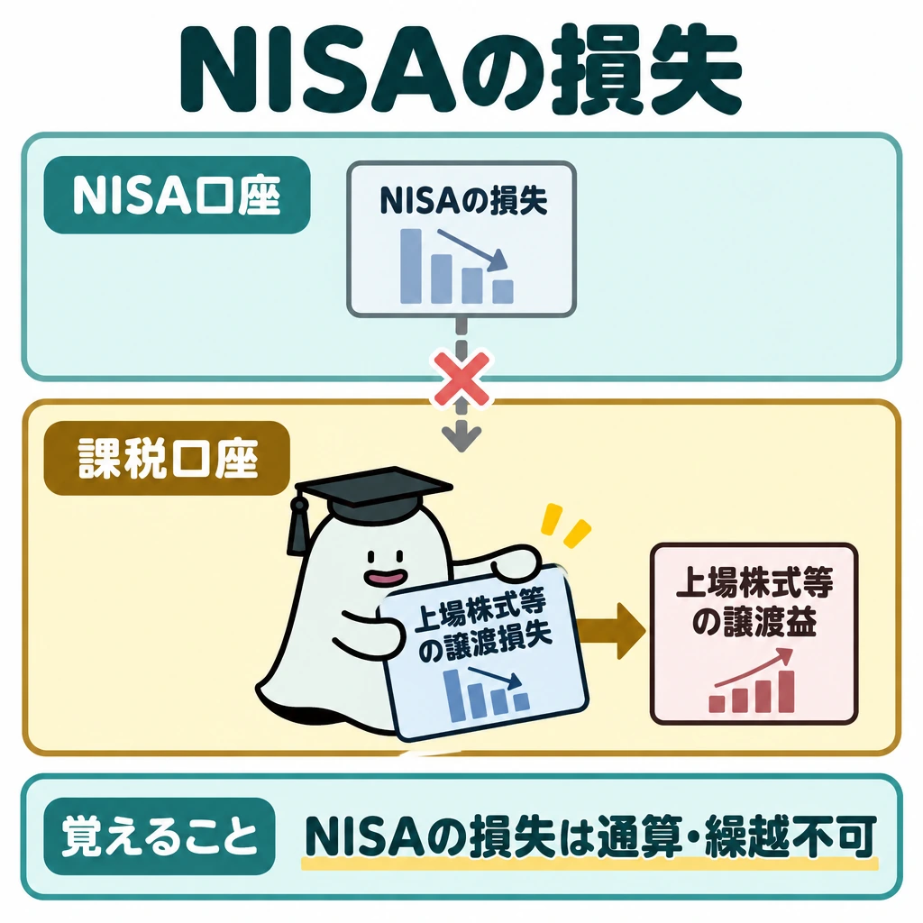 金融商品の課税とNISAの図解。図を上下に分け、上のNISA口座では損失を薄く描き、下の課税口座の譲渡益へ向かう矢印を仕切りで止める。下の課税口座内では、上場株式等の譲渡損失から同じく上場株式等の譲渡益へ矢印をつなぐ。