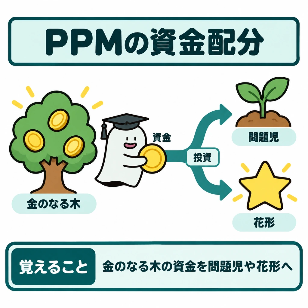 分析の軸と施策の図解。左に金のなる木、右上に問題児、右下に花形を配置する。金のなる木から得た資金が、右の２事業へ向かう分岐矢印を描く。
