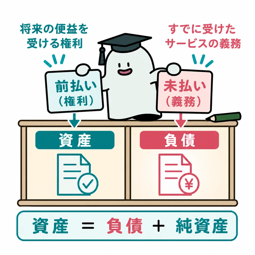 エルくんが説明する図解。前払いは将来便益の権利、未払いは既受領サービスの義務として対比。