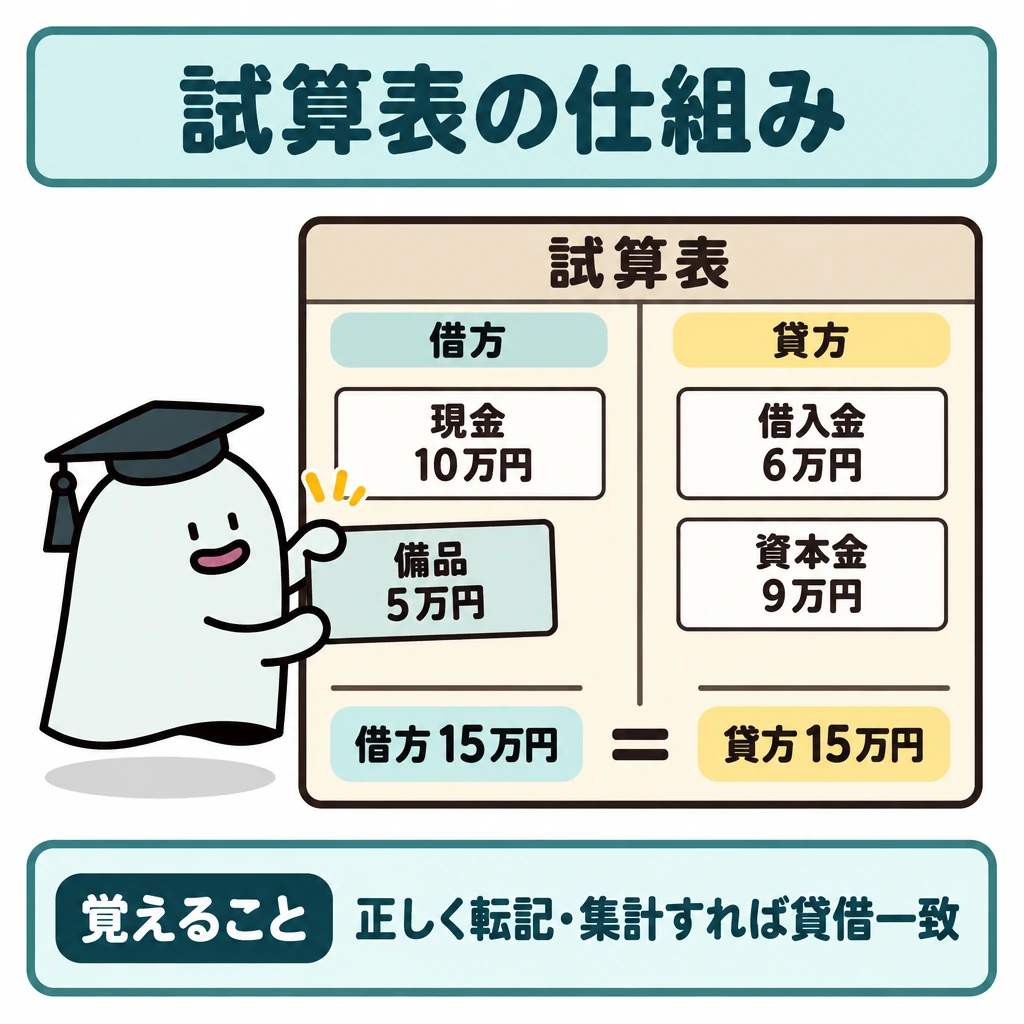 基本の仕組みの図解。中央に試算表を置き、縦線で左の借方と右の貸方を分ける。左に現金10万円と備品5万円、右に借入金6万円と資本金9万円を並べ、両列の合計15万円を横向きの「=」で結ぶ。