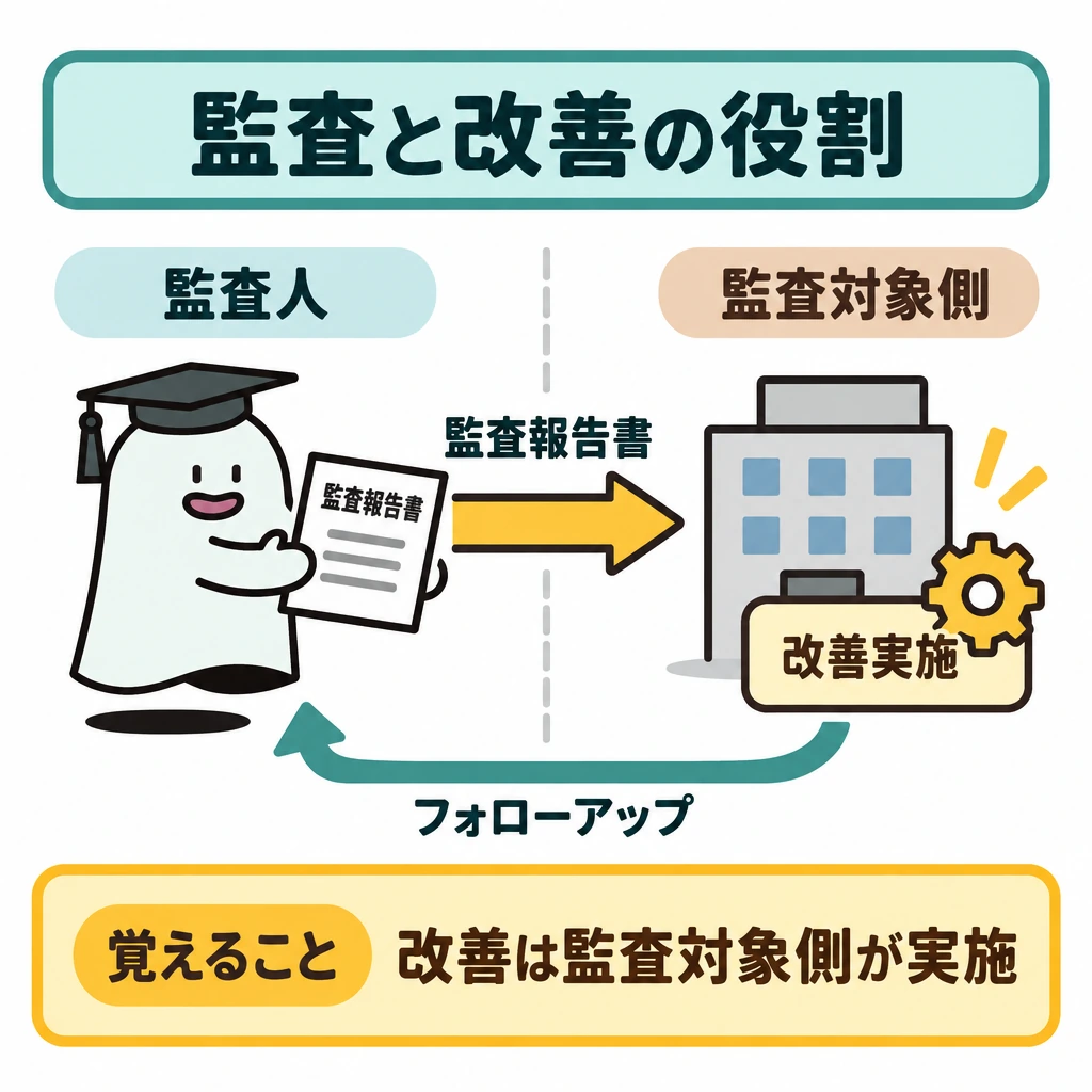 監査と運用責任の図解。中央の仕切りを挟み、左に監査人、右に監査対象側を配置する。左から右へ改善提案を記した監査報告書の矢印を引き、右側の改善実施から左側のフォローアップへ戻る矢印を描く。