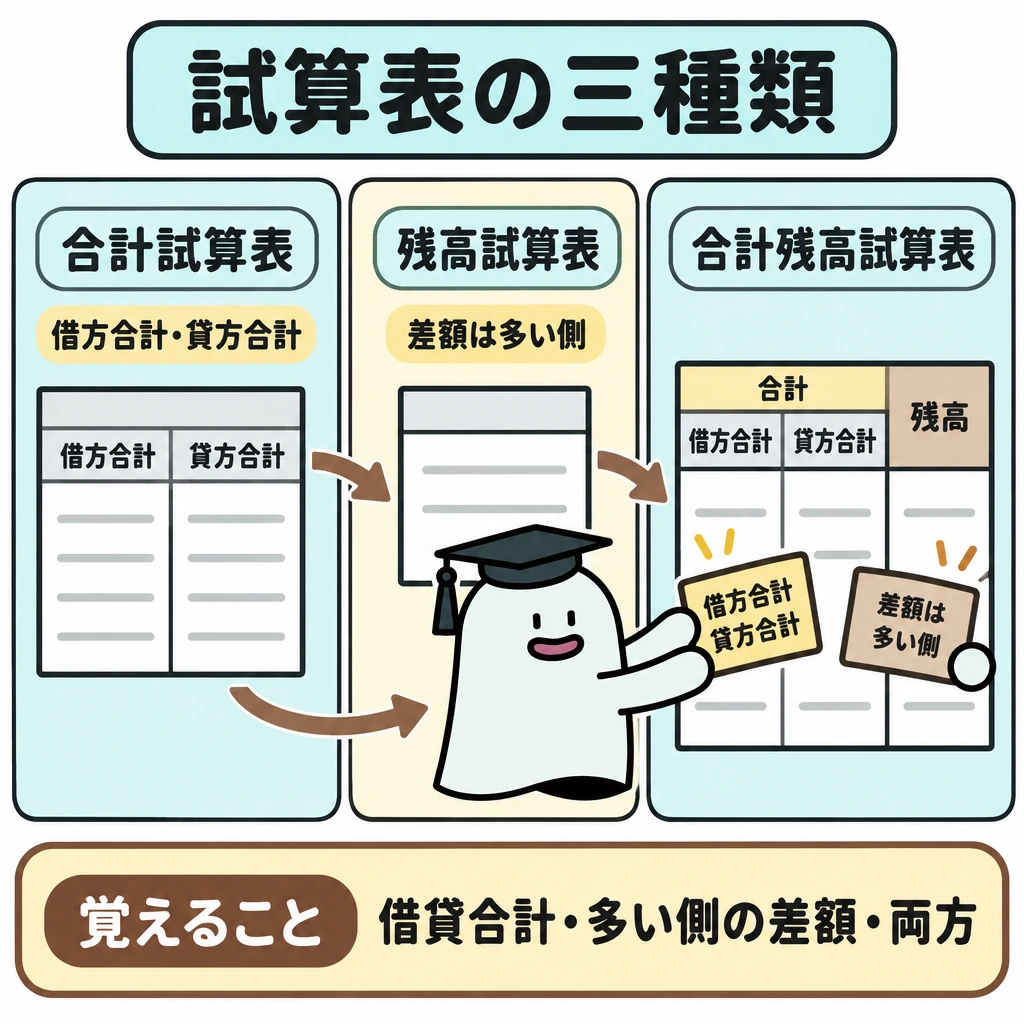 合計・残高・合計残高の三種類の図解。正方形の画面を縦の仕切りで3列に分け、左に借方合計と貸方合計を載せる合計試算表、中央に借貸の差額を多い側へ載せる残高試算表を置く。左右の列から右の合計残高試算表へ矢印を引き、右列には合計と残高の両欄を並べる。