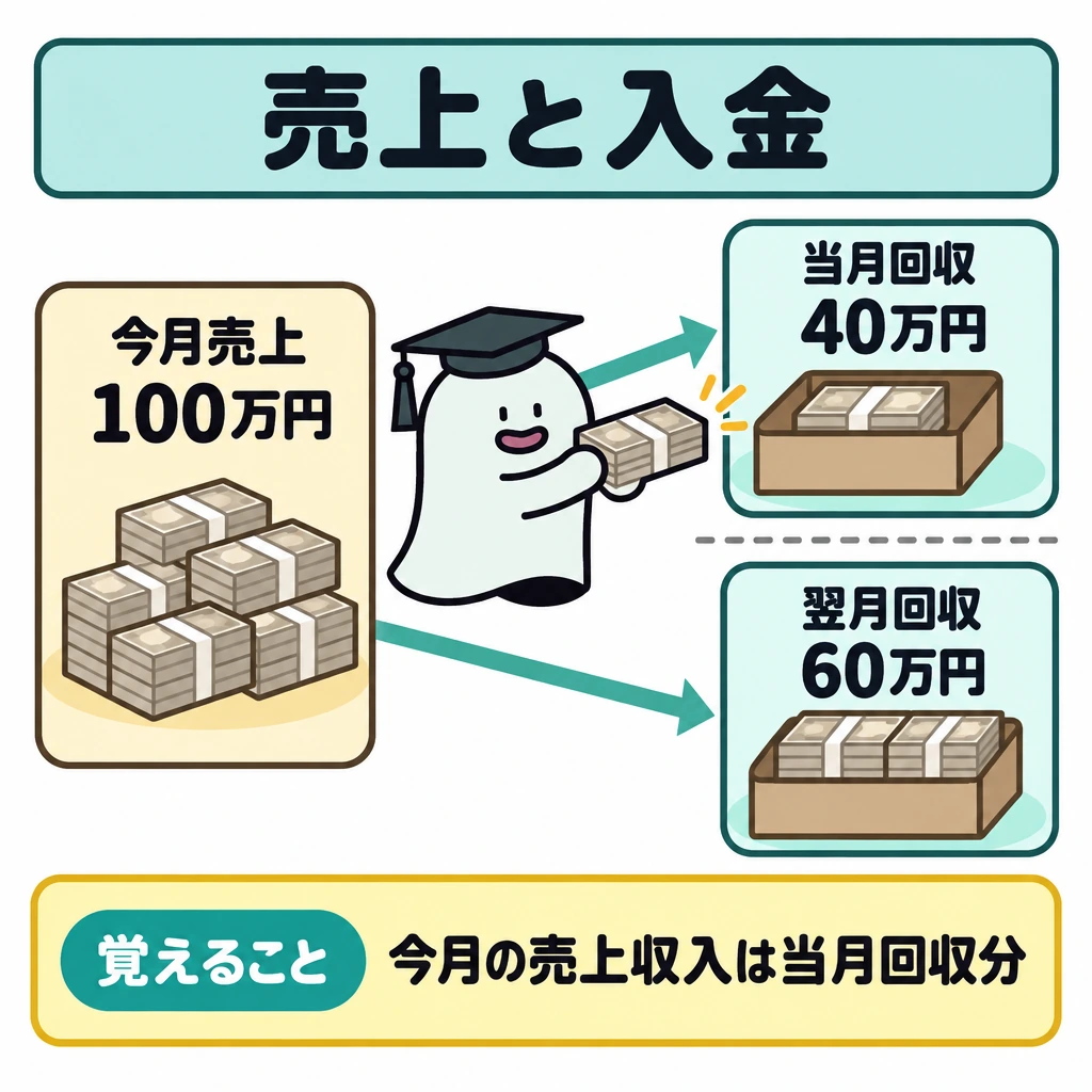 基本の仕組みの図解。左に「今月売上100万円」、右に「当月回収40万円」と「翌月回収60万円」を上下に配置し、2本の矢印で分ける。当月と翌月の間を仕切り、今月の売上収入は40万円だけと示す。