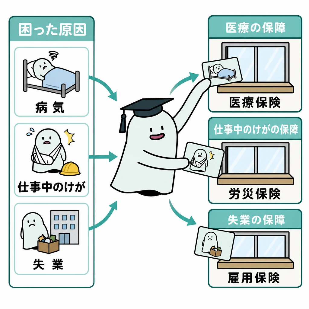 病気・仕事中のけが・失業をそれぞれ対応する公的保障へ結ぶ図