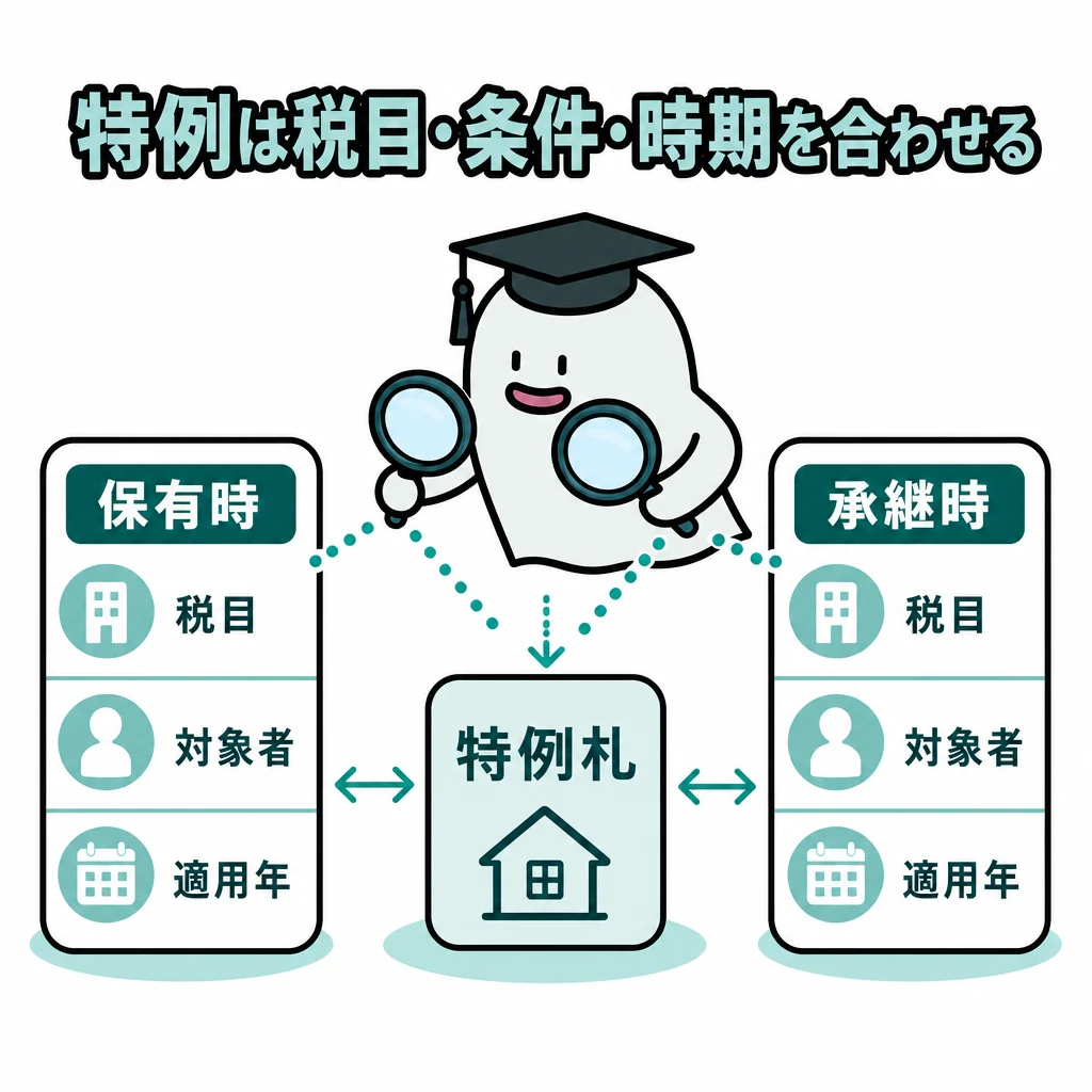 不動産税の特例を税目、対象者、適用年の三つの確認を通して使う図