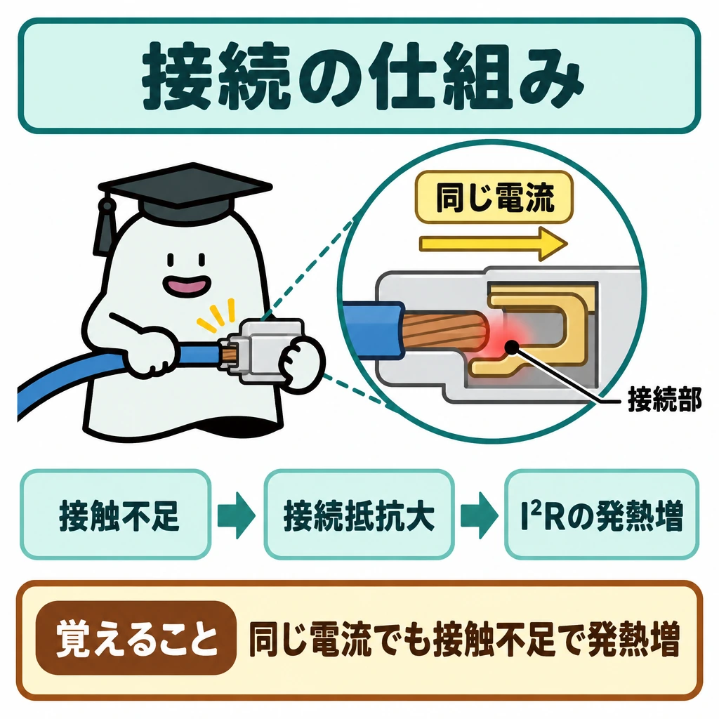 基本の仕組みの図解。中央の差込形コネクタの接続部を拡大し、接触が不十分な場合として示す。上に「同じ電流」を置き、下段は左から「接触不足」→「接続抵抗大」→「I²Rの発熱増」と矢印でつなぎ、熱くなる接続部だけを赤く示す。