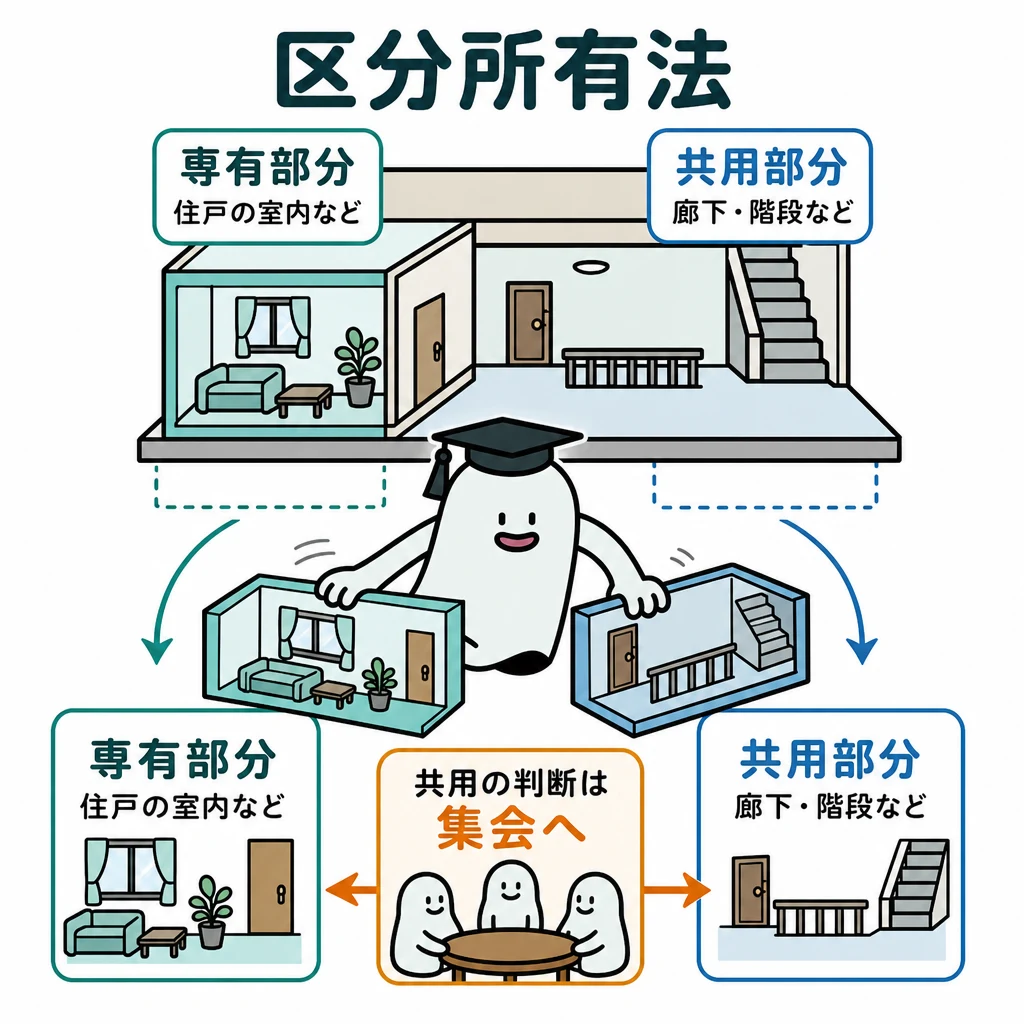 エルくんが説明する図解。専有の住戸と共用廊下を色分けし、共用の判断は集会へ接続。