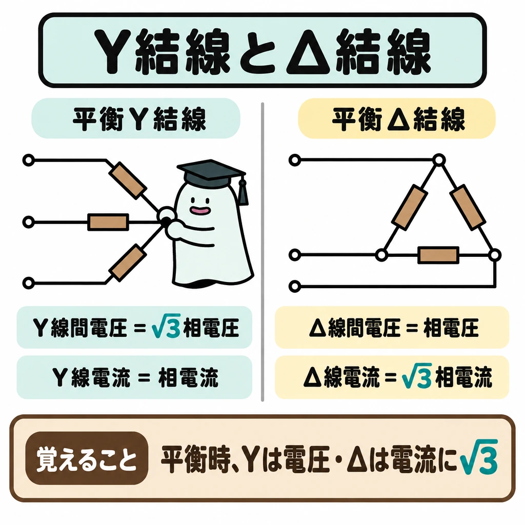 Y結線とΔ結線の図解。1枚の図面を縦線で左右に分け、左に平衡Y結線、右に平衡Δ結線の配線図を置く。各図で「相」は負荷の一枝、「線」は外部の3本を示し、Yは相電圧→線間電圧、Δは相電流→線電流の矢印に√3を添える。
