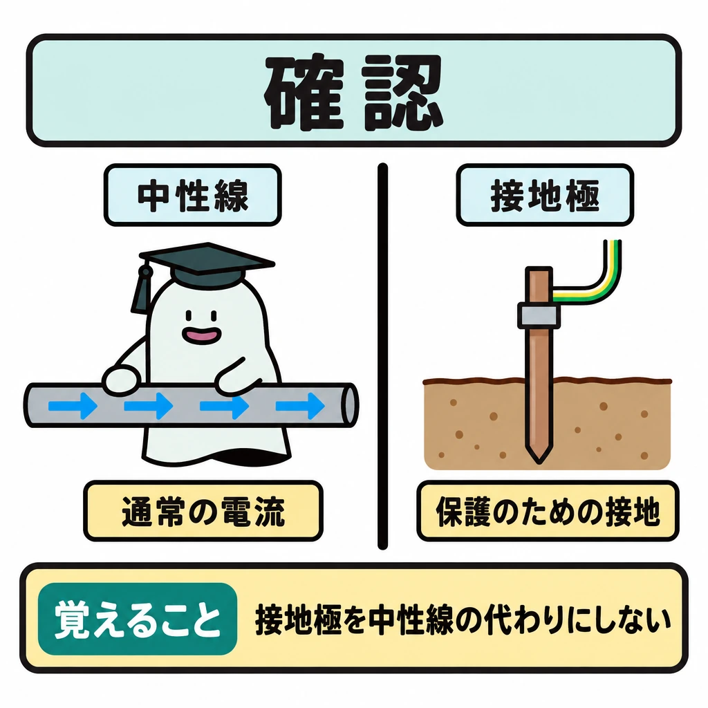 確認の図解。画面を太い縦線で左右に仕切る。左に「通常の電流」が通る中性線を矢印で示し、右に保護のための接地極を置く。左右を結ぶ線や矢印は描かない。