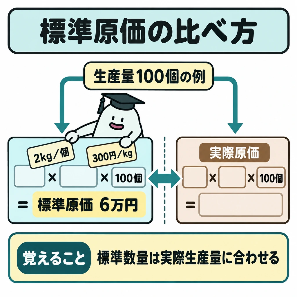 基本の仕組みの図解。上部の「生産量100個の例」から左右へ矢印を分ける。左は2kg/個×300円/kg×100個=標準原価6万円、右は同じ100個分の実際原価を金額なしで置き、中央の仕切りをまたぐ両向き矢印で差を示す。