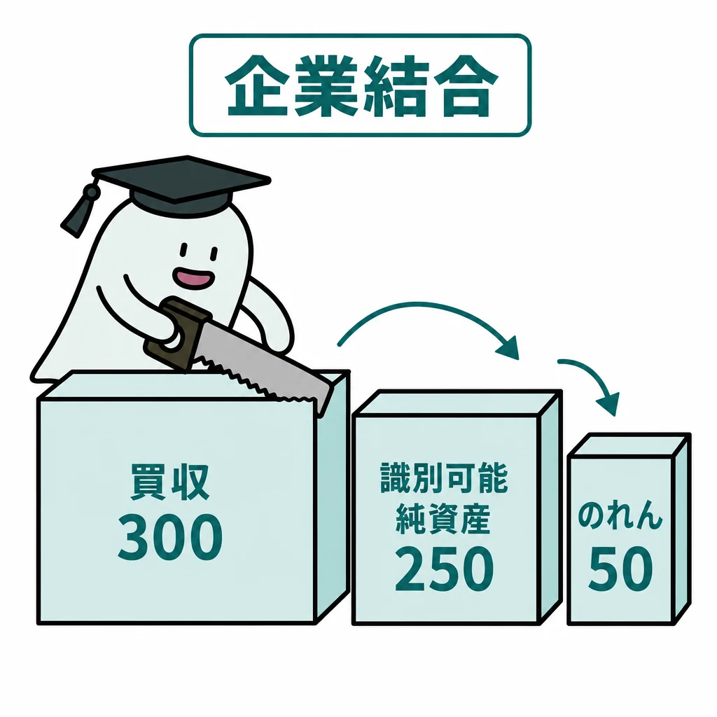 エルくんが説明する図解。買収300を識別可能純資産250/のれん50に分ける。