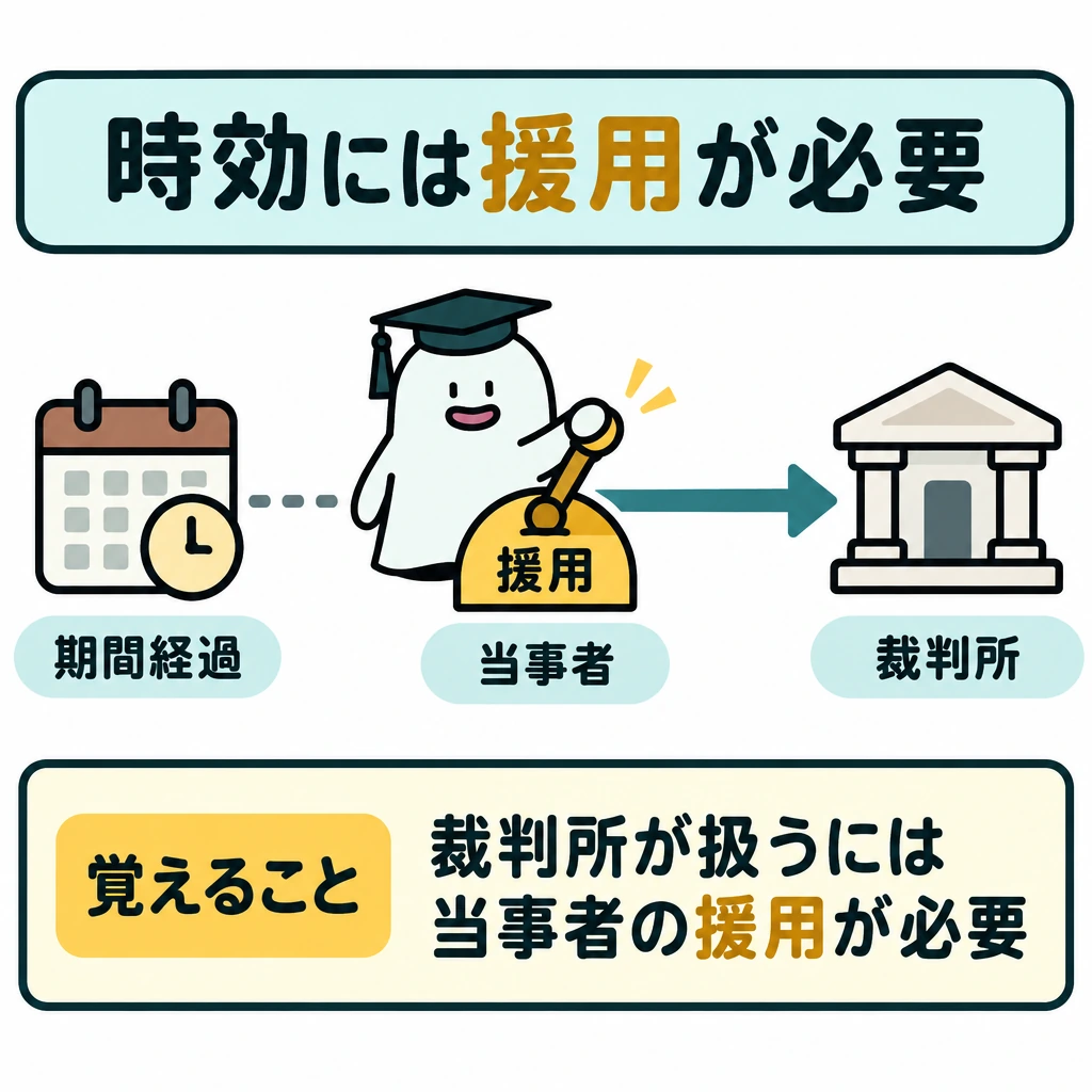 時効の援用と期間の図解。左の「期間経過」から右の「裁判所」へ向かう矢印を途中で遮り、経過だけでは自動的に扱われないことを示す。エルくんが中央の「援用」レバーを動かすと矢印がつながる、一続きの図にする。