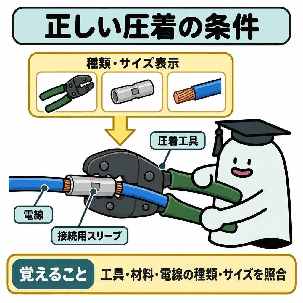基本の仕組みの図解。中央に電線を通した接続用スリーブと圧着工具を大きく描く。上部に種類・サイズ表示の照合欄を置き、工具・材料・電線の組合せを確認してから圧着箇所へ向かう矢印を引く。仕切りや別場面は作らない。