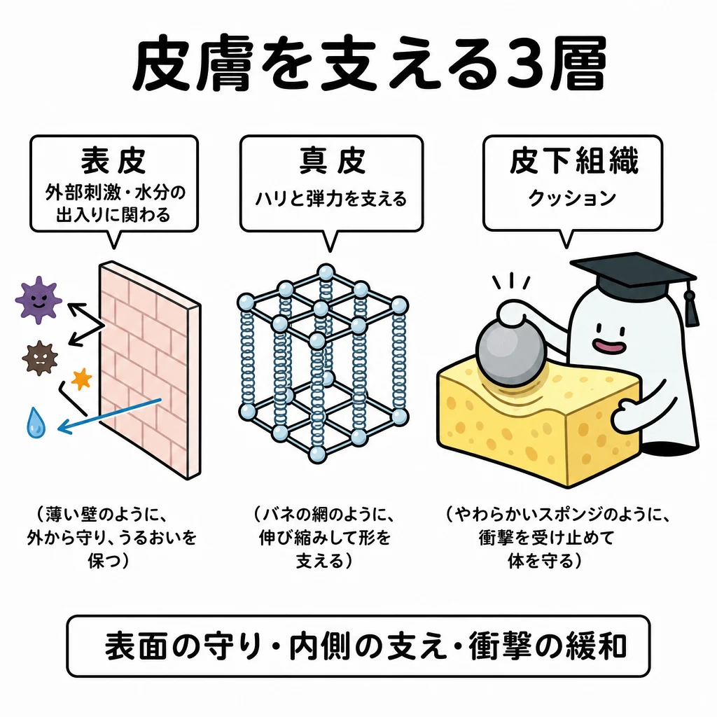 表皮を壁、真皮をバネの網、皮下組織をクッションに見立て、エルくんがクッションを押して役割を示す図。