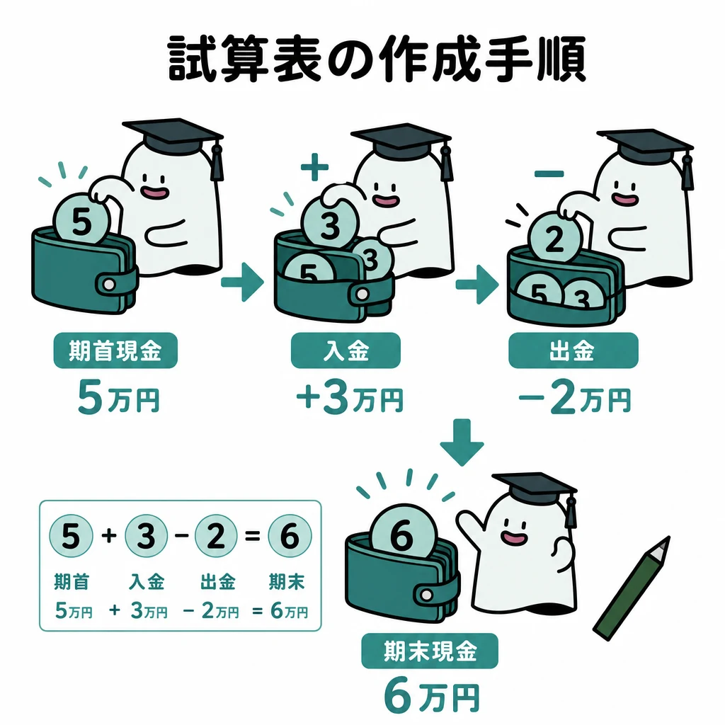 エルくんが説明する図解。期首5→入金+3→出金−2→期末6の現金推移。