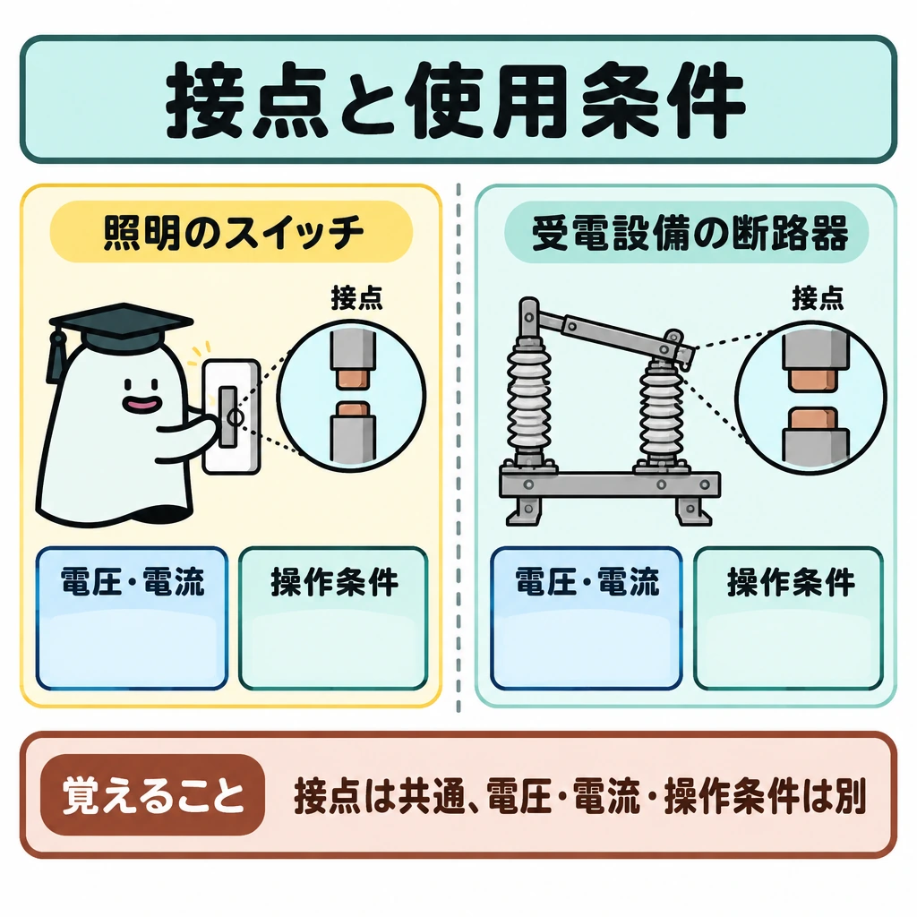基本の仕組みの図解。中央の縦線で区切り、左に照明の操作スイッチ、右に受電設備の断路器を並べ、双方の接点を拡大して見せる。下段には電圧・電流・操作条件を左右別々の枠に置き、想定する条件が異なることを示す。
