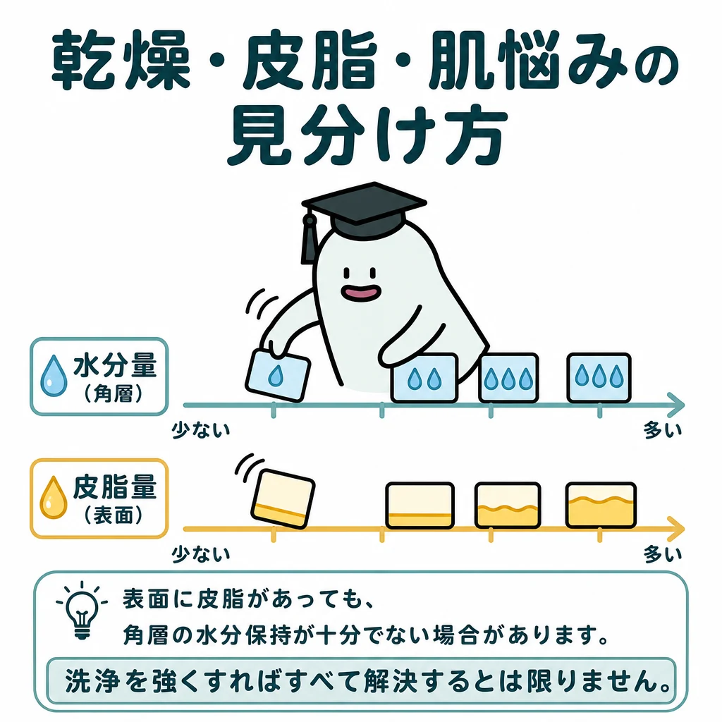 水分量と皮脂量を別々の横方向の目盛りに置き、多い・少ないを独立して比べる図。