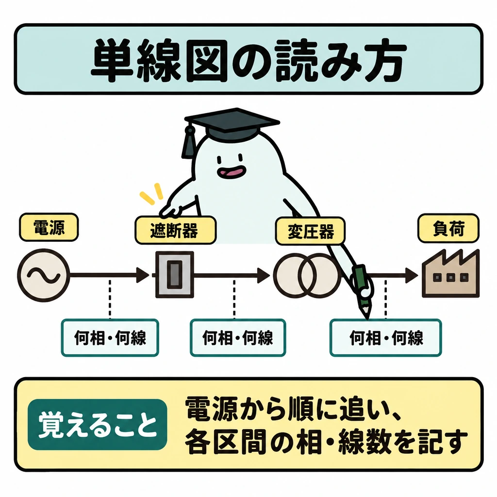 基本の仕組みの図解。中央に電源→遮断器→変圧器→負荷を左から右へ一本の回路線で並べ、流れを矢印で示す。機器間の各区間の下に「何相・何線」の記入欄を置く。