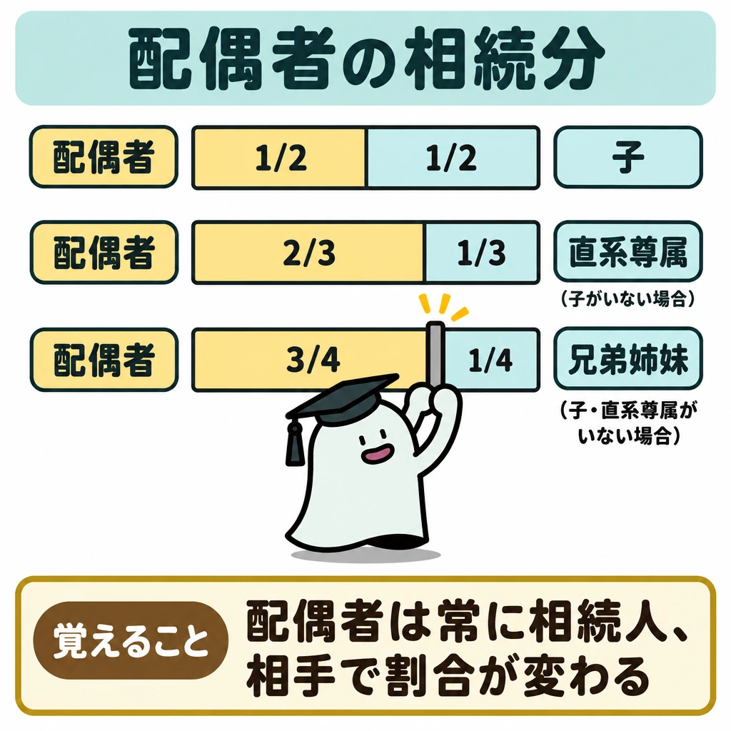 相続人・相続分・遺留分の図解。中央に同じ長さの分割バーを縦に3本並べ、左側を配偶者、右側を血族の相続分として、上から「子:1/2対1/2」「直系尊属:2/3対1/3」「兄弟姉妹:3/4対1/4」を示す。直系尊属と兄弟姉妹の行には、それぞれ上位順位の血族がいない場合に適用することを小さく添える。