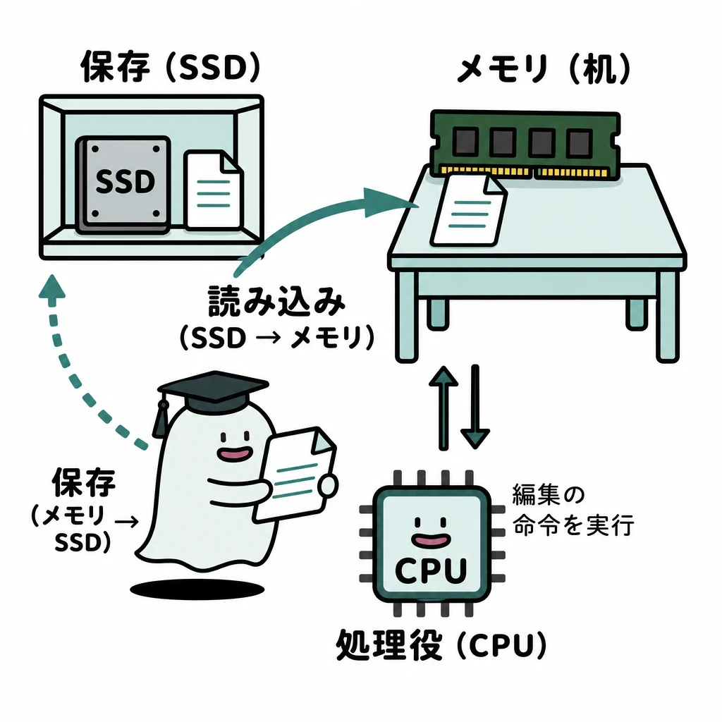 エルくんが説明する図解。棚SSD→机メモリ→処理役CPU、保存時は机から棚へ戻す図。