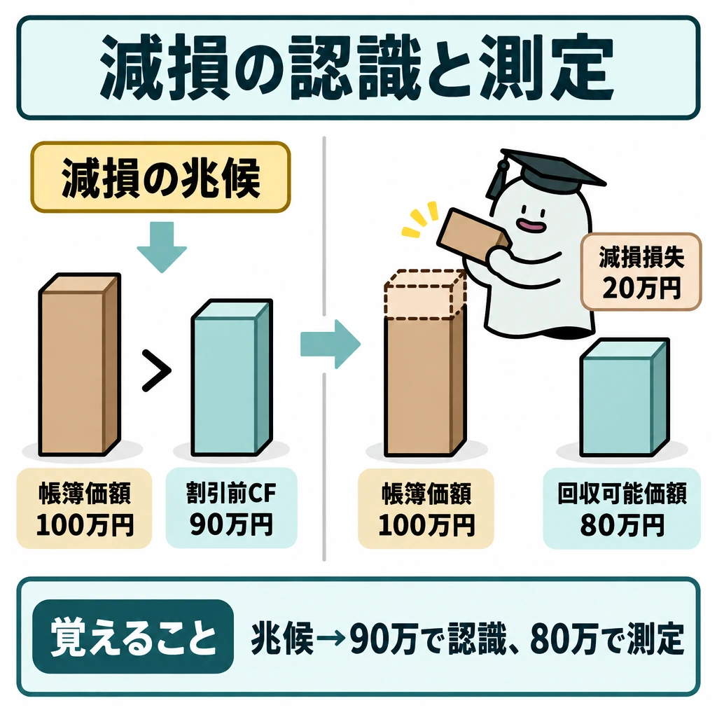 基本の仕組みの図解。減損の兆候を起点に、中央の帳簿価額100万円を共通基準として、左で割引前将来キャッシュフロー90万円との比較による認識判定、右で回収可能価額80万円との差20万円の測定を描く。左右を細い仕切りで分け、左から右へ矢印でつなぐ。