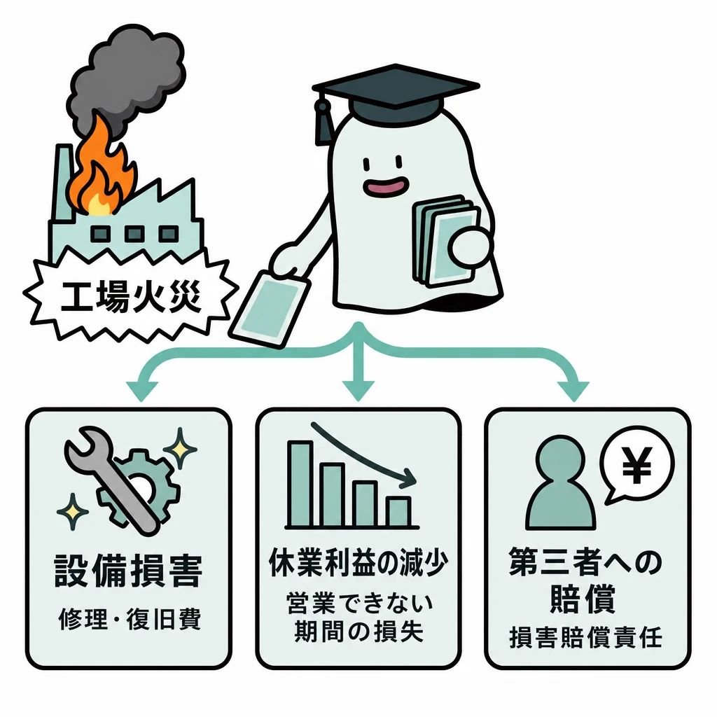 工場火災から設備損害、休業利益の減少、第三者への賠償へ分岐する図
