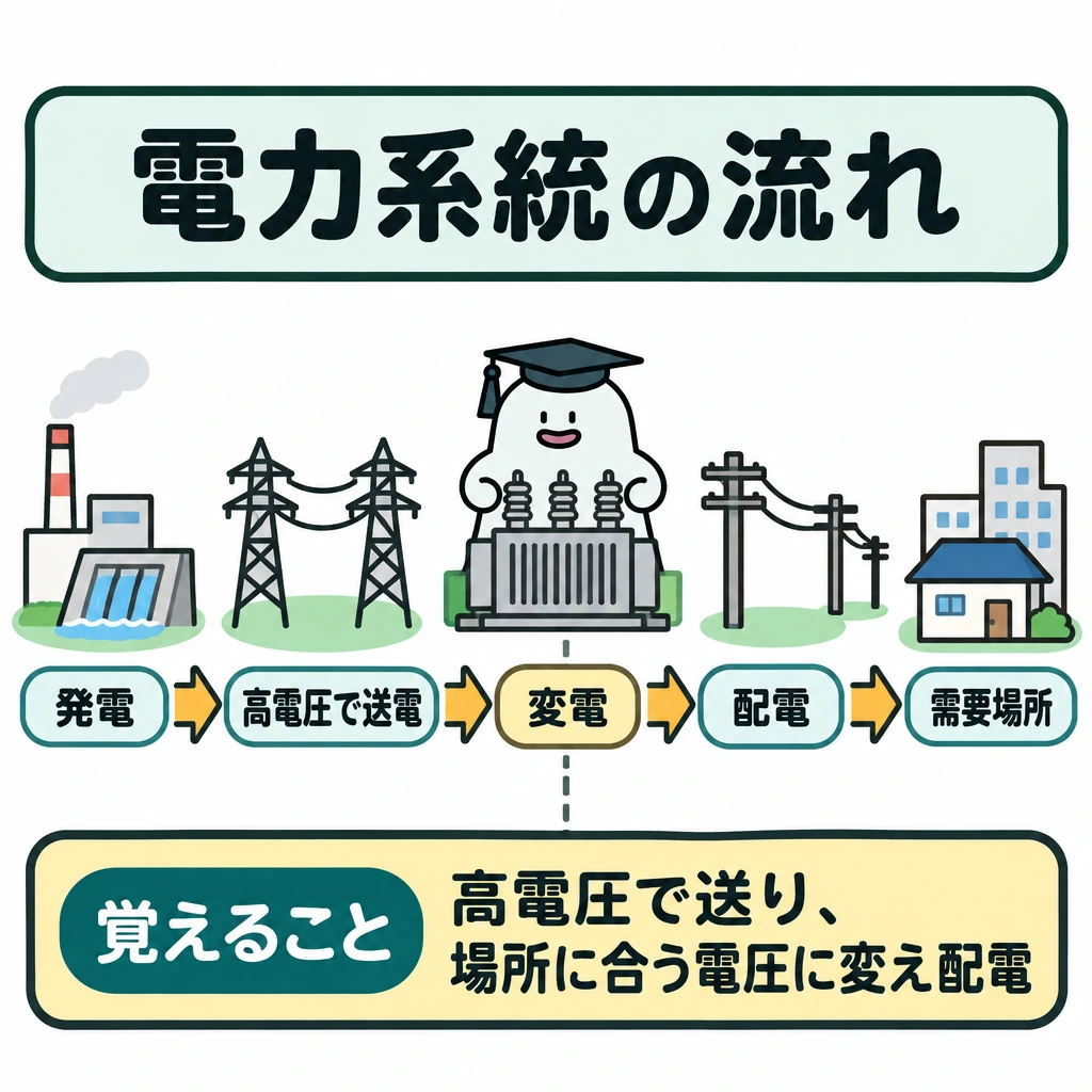 電力系統の各段階の図解。正方形の中央に「発電→高電圧で送電→変電→配電→需要場所」を左から右へ一本の矢印で配置する。変電の位置に区切り線を入れ、送るための高電圧を利用場所に合う電圧へ変える段階として示す。