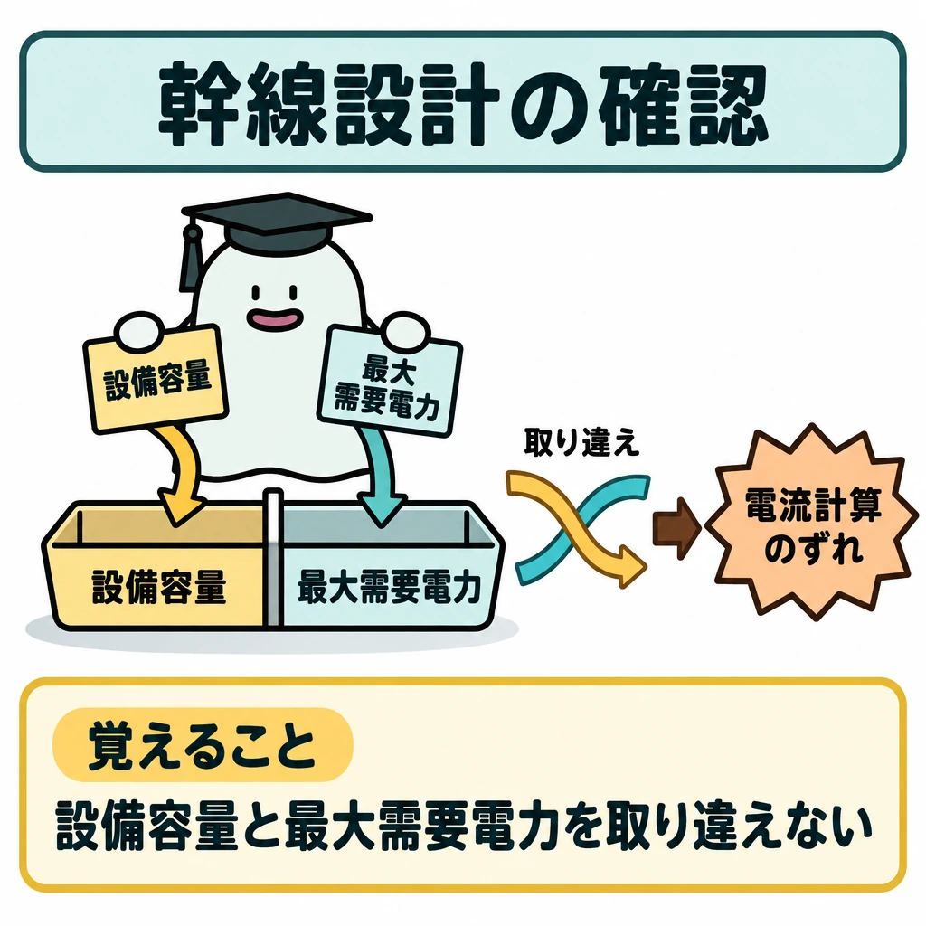確認の図解。中央に仕切りのある2つの受け皿を置き、左を「設備容量」、右を「最大需要電力」とする。2つを入れ違える動きを交差する矢印で示し、その先を「電流計算のずれ」につなぐ。