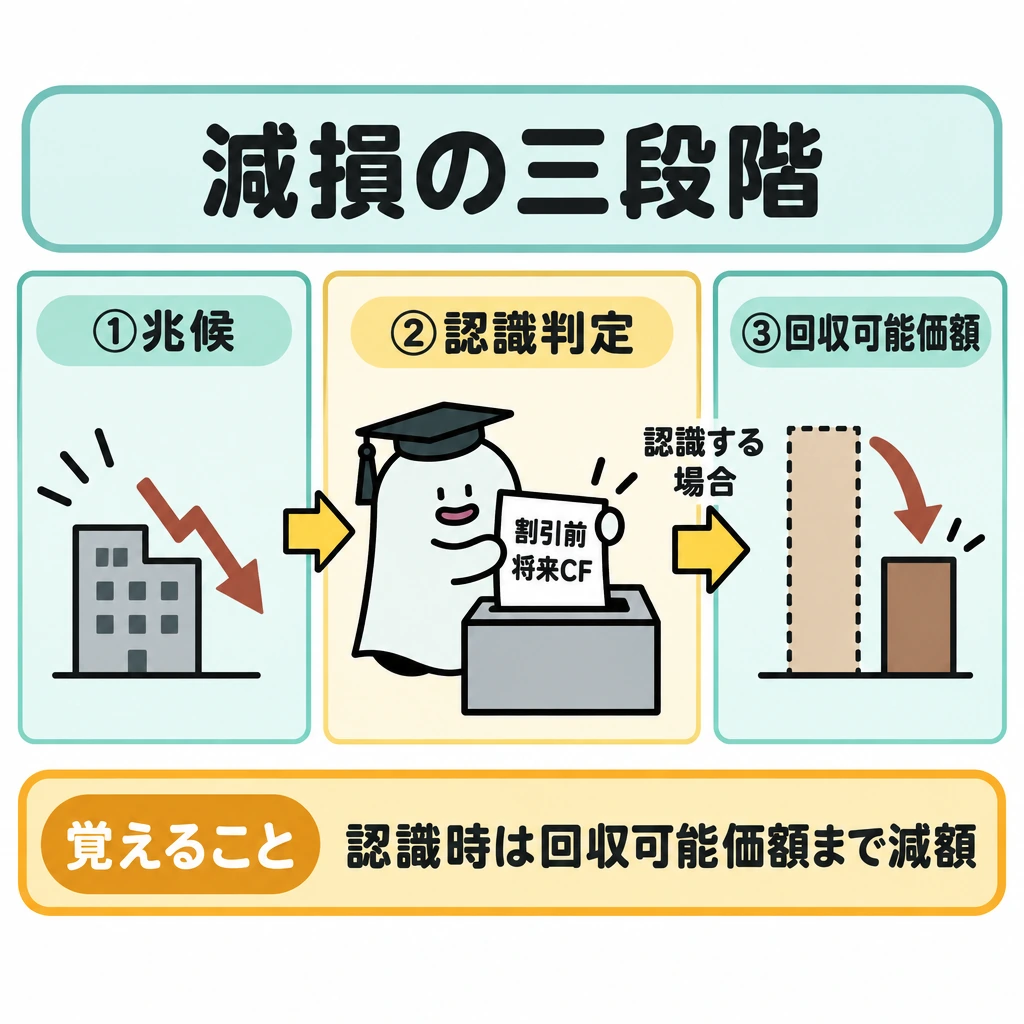 減損の三段階と配分の図解。正方形の画面を縦の仕切りで左から①兆候、②認識判定、③測定の3区画に分け、矢印で順につなぐ。②には割引前将来CFを入れ、②から③への矢印には「認識する場合」と添え、③では回収可能価額まで減額する様子を示す。