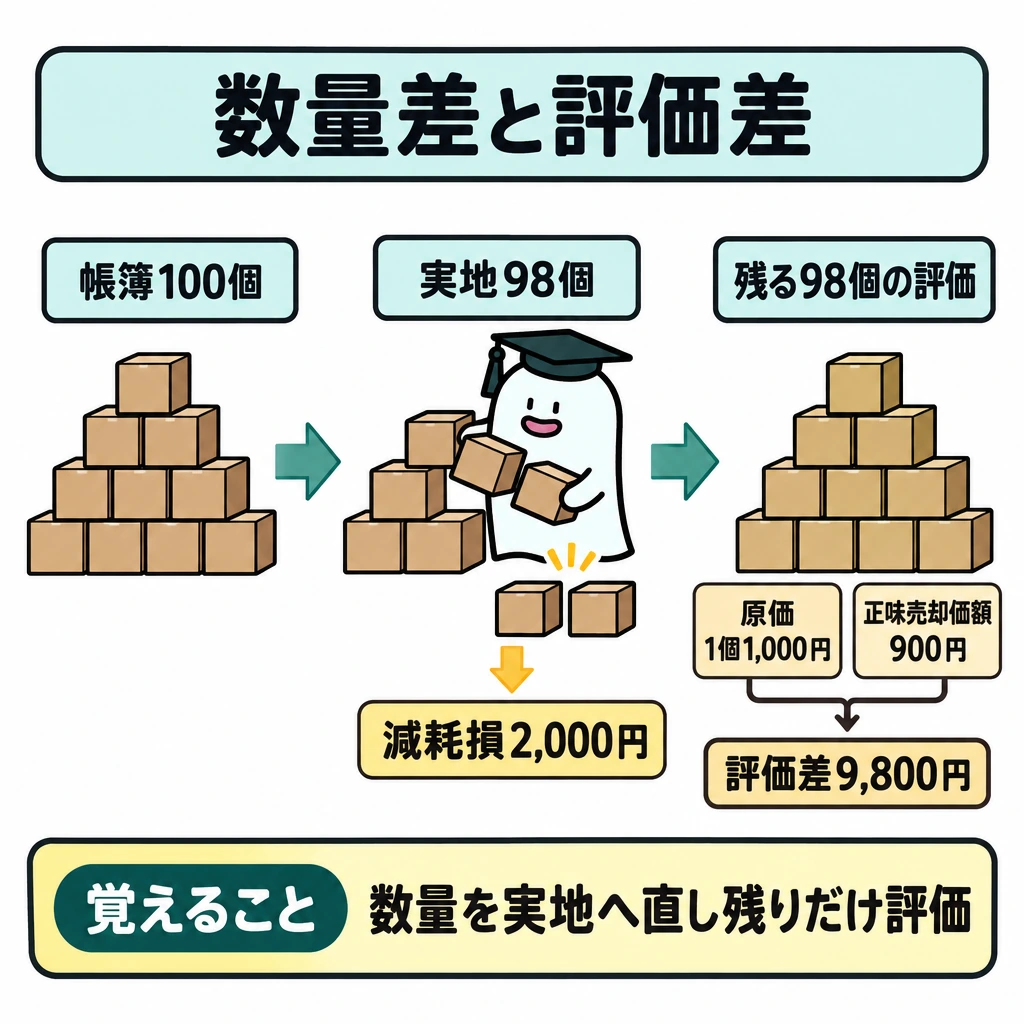 基本の仕組みの図解。正方形の中央に在庫を一組だけ描き、左から右へ「帳簿100個→実地98個→残る98個の評価」の順に矢印でつなぐ。左で除いた2個を棚卸減耗損2,000円に、右で残る98個の原価1個1,000円と正味売却価額900円の差を評価差9,800円につなぐ。