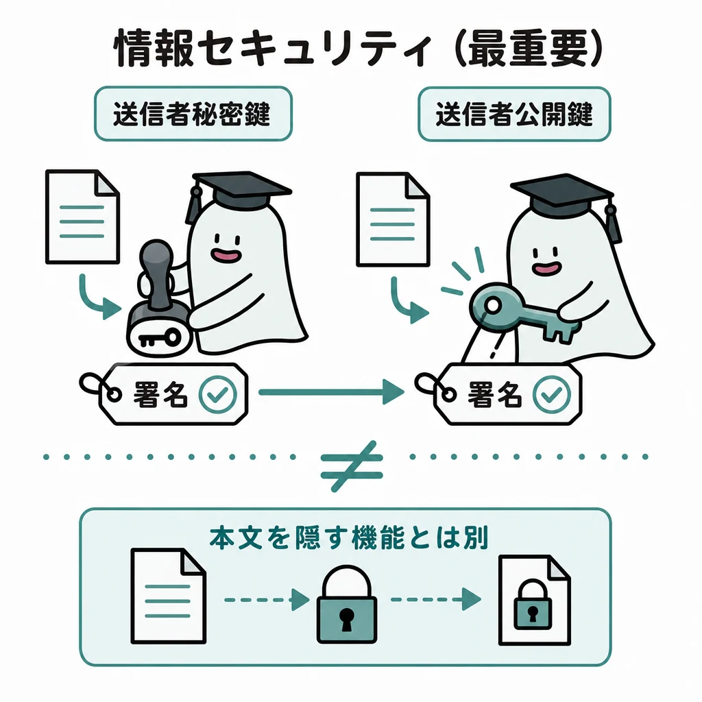 エルくんが説明する図解。送信者秘密鍵→署名、送信者公開鍵→検証、本文を隠す機能とは別と表示。