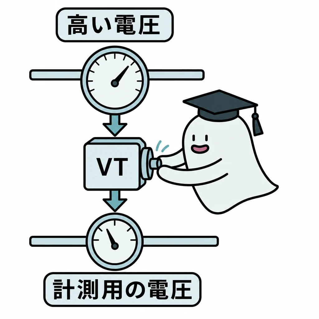 VTは電圧を測りやすくする。高い電圧の線を上に、そこからVTを介して下の電圧計へ情報が伝わる模式図。