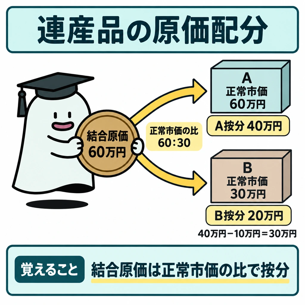 1級で加わる仕損・副産物・連産品・工程別の図解。中央の結合原価60万円を、右上のAと右下のBへ二股の矢印で分ける。矢印の先に正常市価の比60:30と按分額40万円・20万円を対応させ、Bの脇に「40万円−10万円=30万円」と小さく添える。