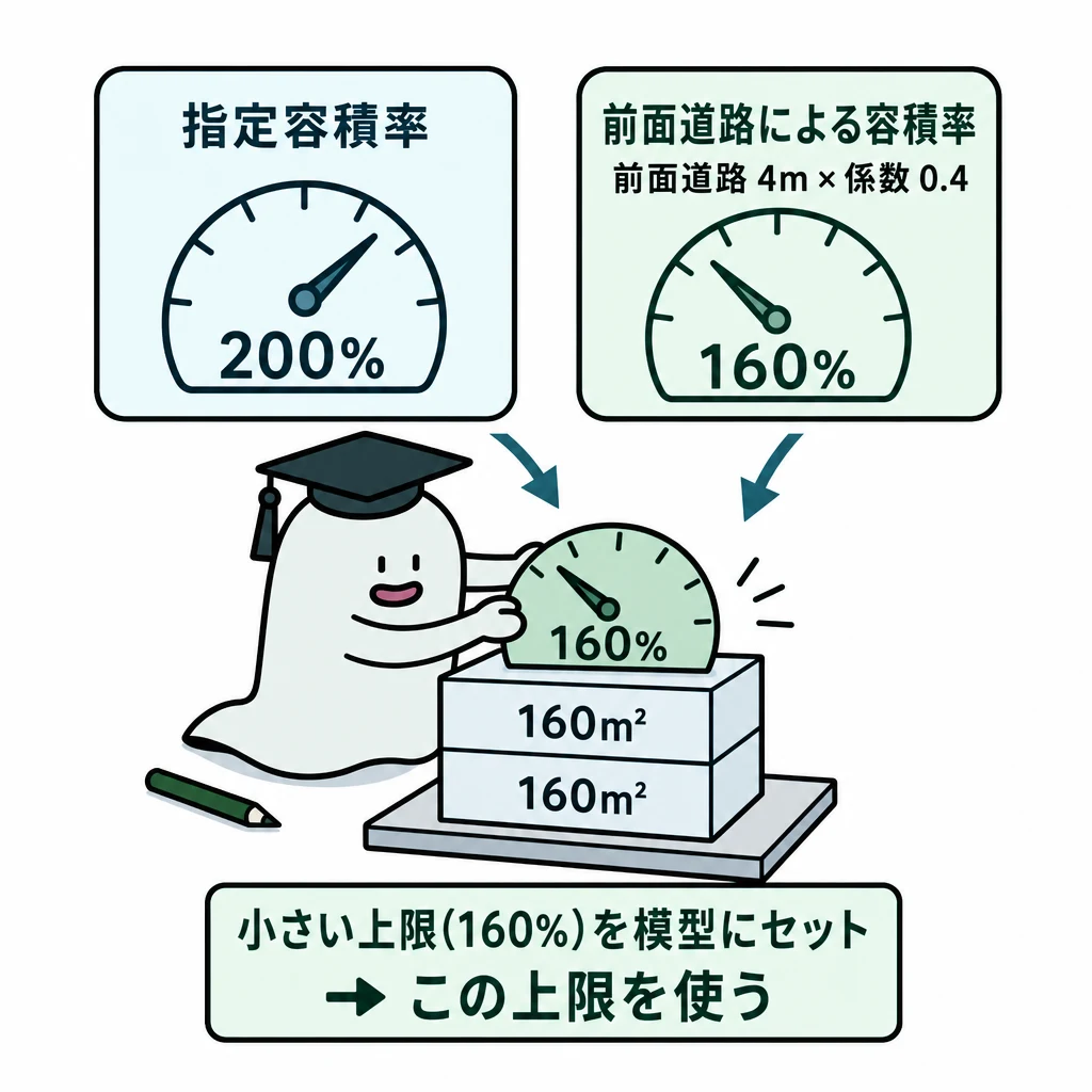 指定容積率200%と前面道路による160%を比較し、低い160%の上限を二層の建物模型へ取り付ける図